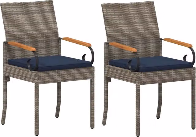 Set di 2 sedie da giardino moderne in polyrattan e legno di acacia con cuscini grigi e blu navy