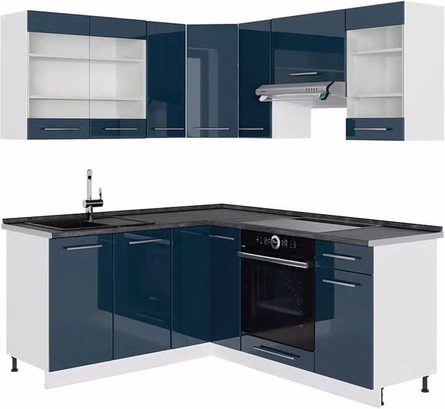 Mobili da cucina Vicco Fame-Line moderni con angolo, finitura lucida Blu scuro e Bianco con dettagli Antracite, L/P/H: 190 x 160 x 60 cm