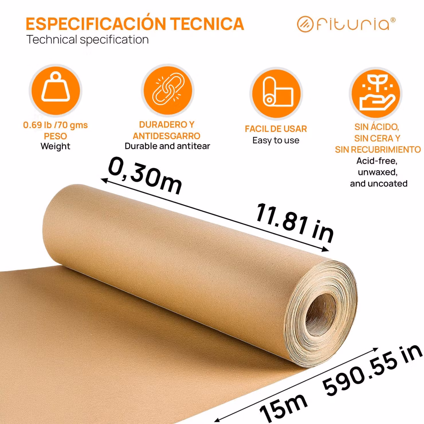 Carta kraft color naturale, 70 g/m², 3 rotoli da 0,30 x 15 m, carta riciclata per imballaggi