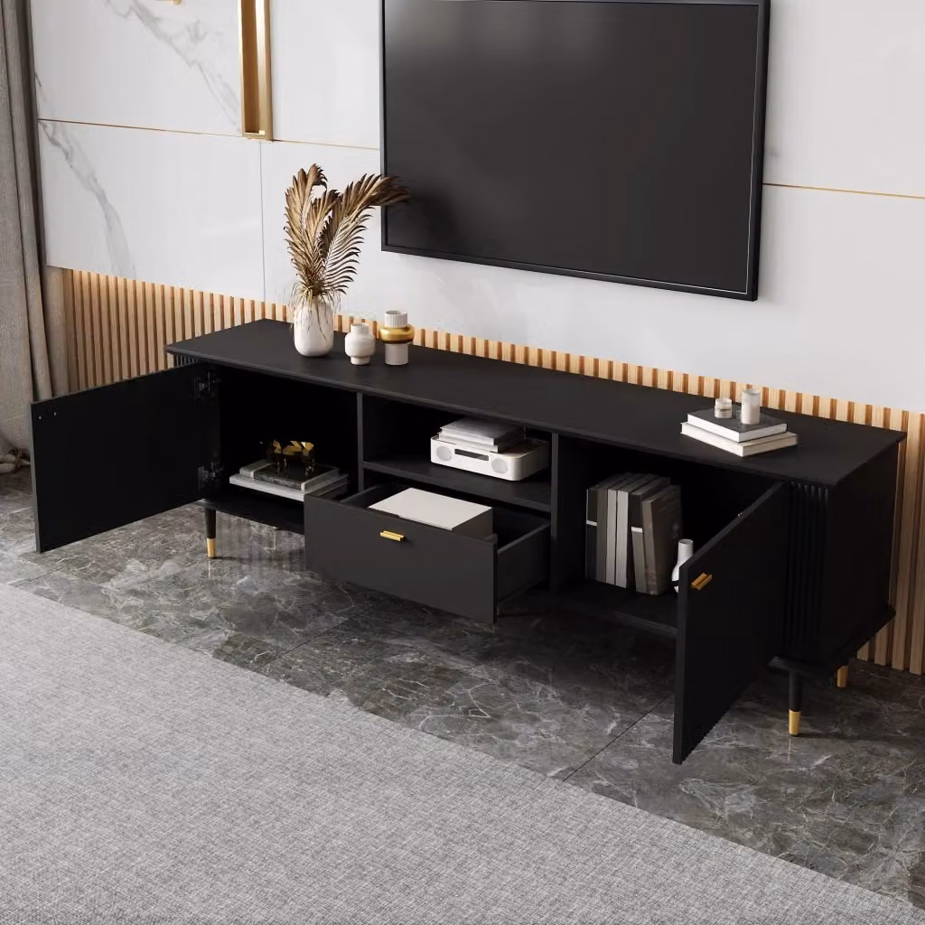 Mobile porta TV moderno OKWISH in MDF nero e oro con 2 ante, 1 vano aperto, 1 cassetto con chiusura ammortizzata e passacavi, L/P/H: 170 x 36 x 54 cm – 2