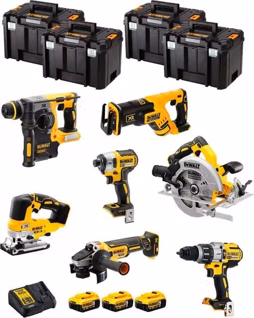 Kit utensili DeWALT DWK703T con avvitatore, trapano, martello pneumatico e accessori gialli