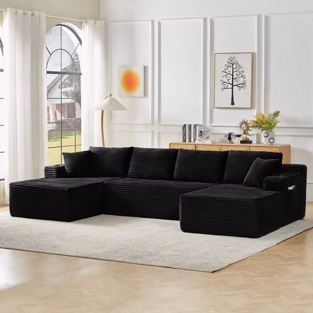 Divano modulare a U in velluto a coste per soggiorno senza montaggio con seduta profonda e design ergonomico nero