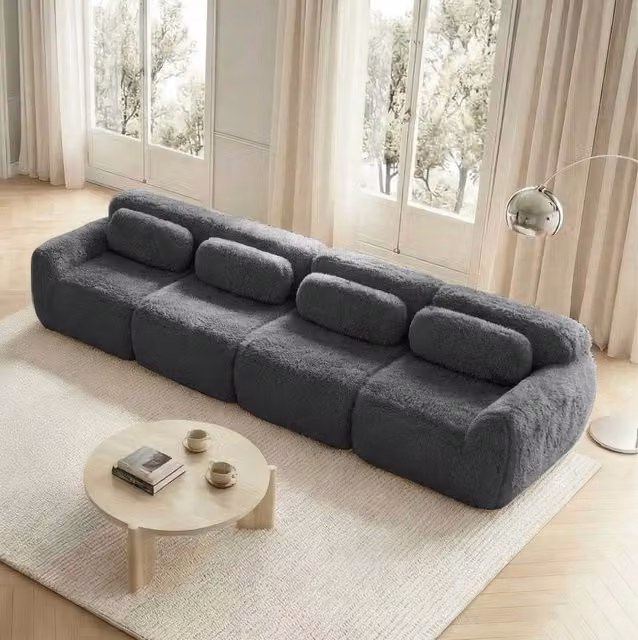 Divano angolare modulare senza struttura in tessuto plush grigio HOMVRA