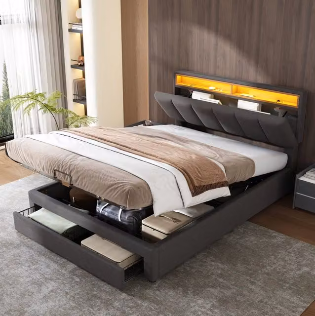Letto imbottito 140x200 cm con LED regolabile e contenitore, rivestito in lino grigio