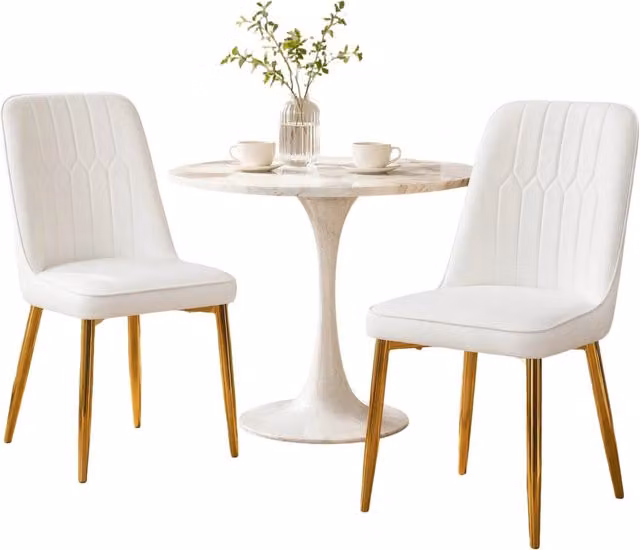 Set di 2 sedie da pranzo in similpelle bianca e metallo dorato, schienale ergonomico