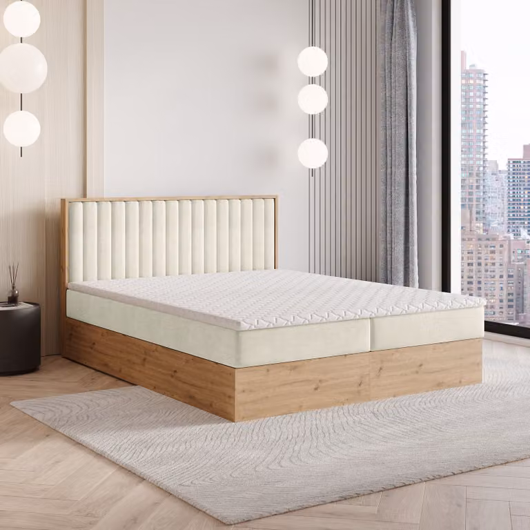 Letto a molle Masseno VARELI 140x200 cm completo di materasso e topper Bonell, letto imbottito con cassettiera - crema, SORO 02
