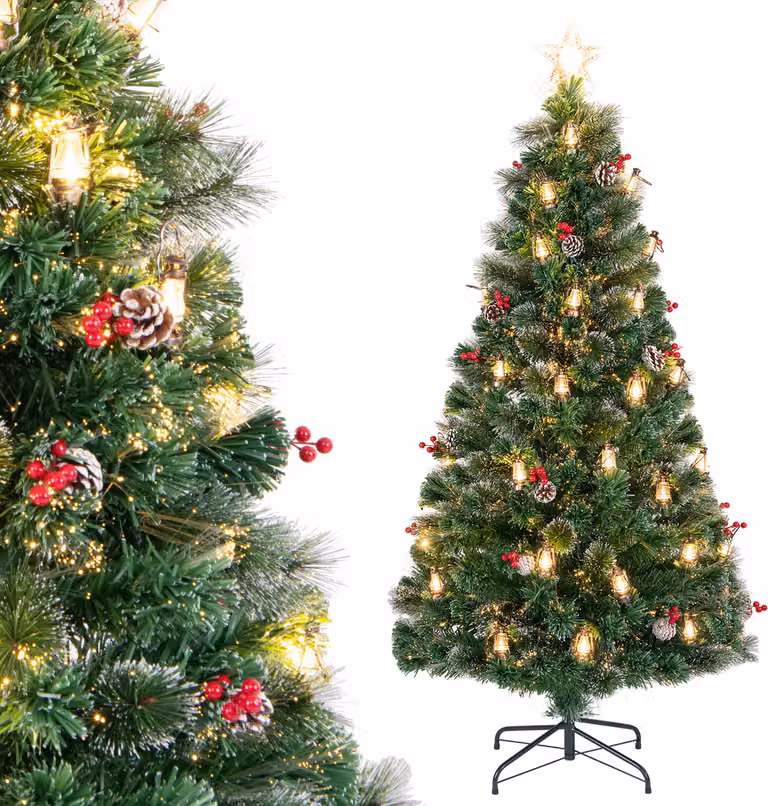 COSTWAY Albero di Natale artificiale da 180 cm con pigne, lampade a paraffina e bacche rosse, albero di Natale con LED, 8 modalità, vetroresina e cima a stella, verde