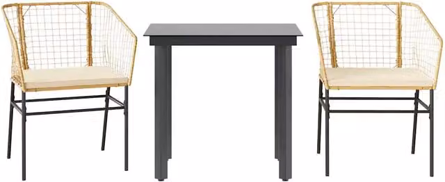 Set da Pranzo da Giardino Moderno in Polyrattan con Tavolo in Vetro e Cuscini, 3 Pezzi