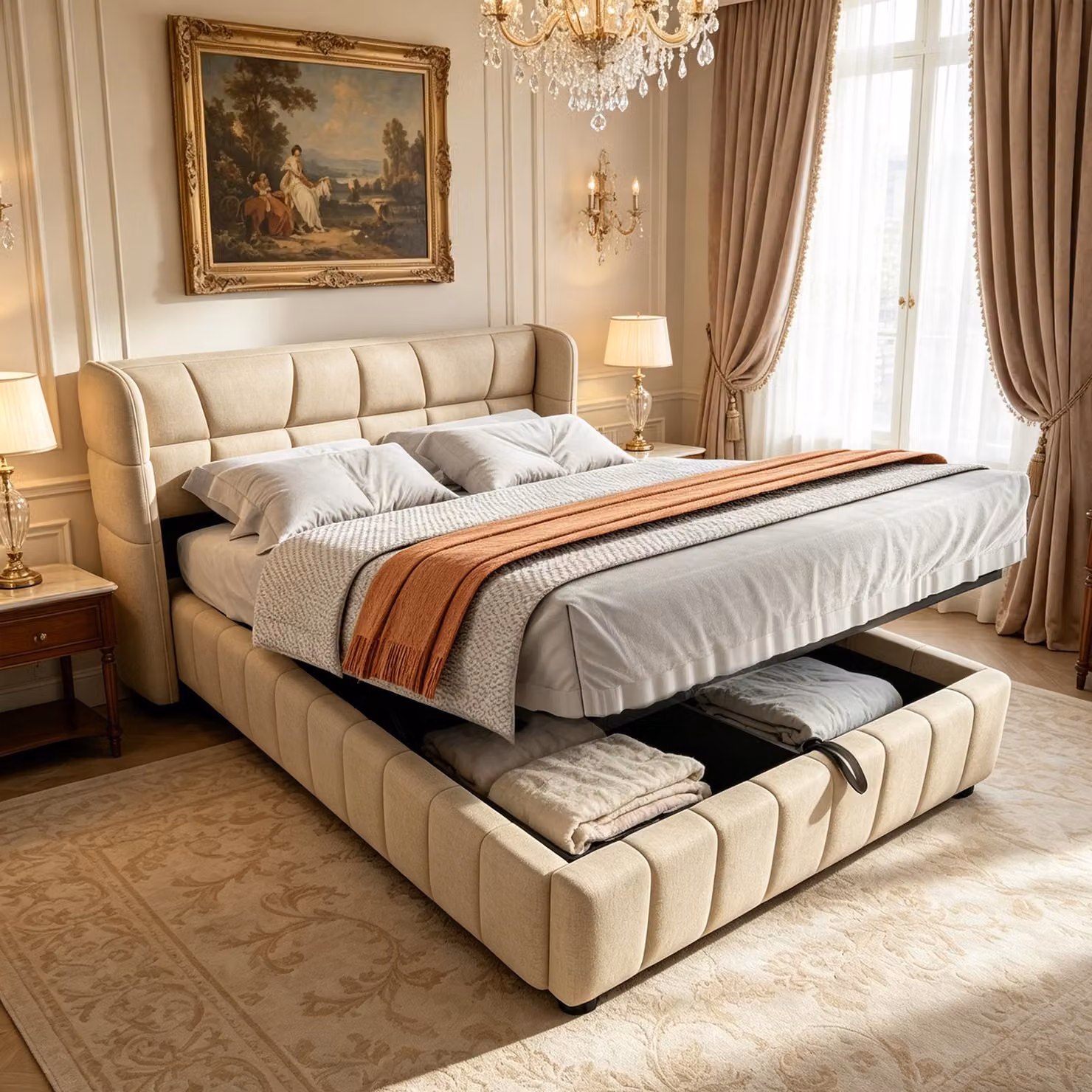 Letto per ragazzi MODFU 140 x 200 con meccanismo di sollevamento, letto matrimoniale imbottito con testiera allargata, rete a doghe a due file e telaio in tela, senza materasso, beige