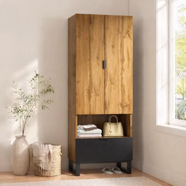Armadio guardaroba e scarpiera moderno in legno e MDF con appendiabiti e ripiani regolabili, colore rovere marrone e nero, L/P/H: 180 x 38 x 65 cm – 1