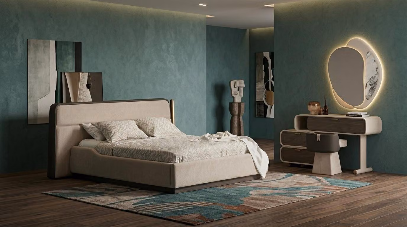 Comò da trucco, specchio, pouf, camera da letto, stile moderno, beige, pratico
