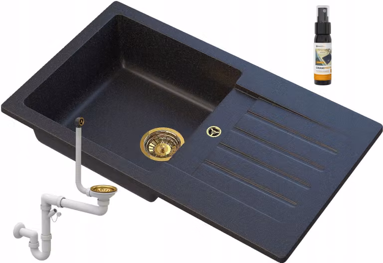 Granitan - Lavello in granito - Lavandino 76,5x44,5 cm - Lavello cucina nero-oro - con sifone - TRIX