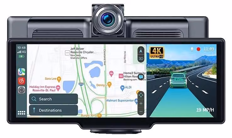 Telecamera da cruscotto, fotocamera frontale 4K, CarPlay e Android Auto wireless, telecamera posteriore da 6m, scheda TF da 128G