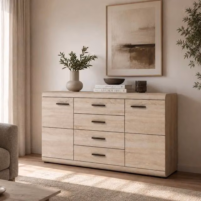 Madia DMORA moderna in legno rovere, ideale per cucina o soggiorno, finitura opaca, L: 140 cm, P: 42 cm, H: 87 cm