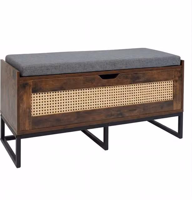 Panca porta scarpe con cassa portaoggetti in rattan e seduta imbottita in tessuto, stile industrial, L: 97 cm, P: 31,5 cm, H: 45 cm (altezza totale 23+22)