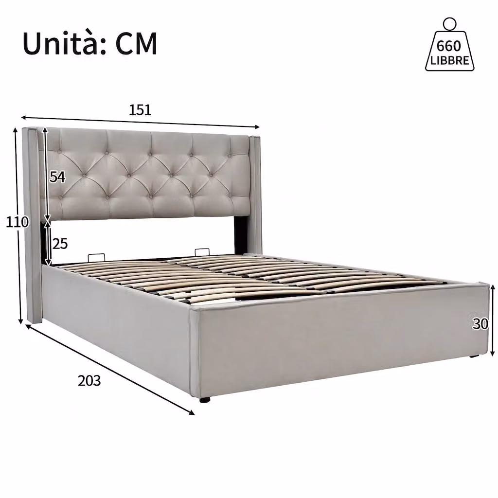 Letto Imbottito Moderno con Contenitore Idraulico in Cotone Grigio L/P/H: 140 x 200 x 110 cm – 2