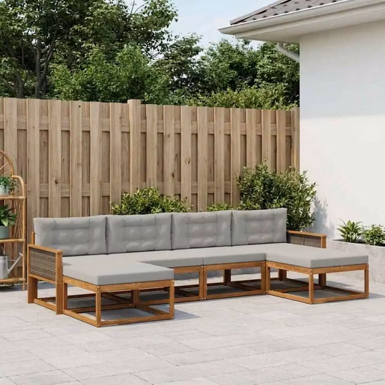 vidaXL Set di divani da esterno a L composto da 6 pezzi in legno di acacia con cuscini beige e grigi