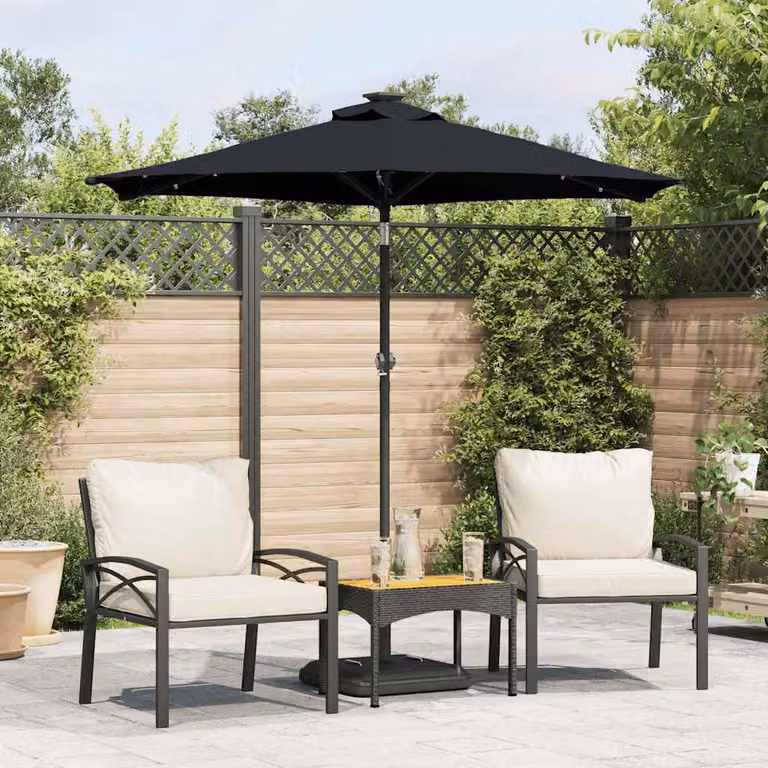 Ombrellone da giardino vidaXL con LED, palo in acciaio nero e copertura in poliestere, L 225 cm x P 225 cm x H 212 cm