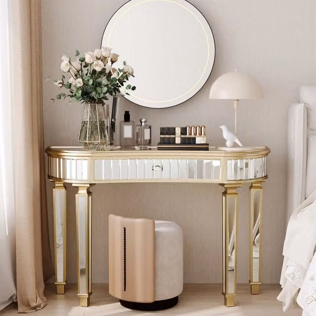 Tavolo Consolle Mezzaluna 120 cm, Tavolino da Divano di Lusso con Vetro Scanalato e Cassetto con Pomello in Cristallo, Moderno per Camera/Soggiorno (Oro+Argento)