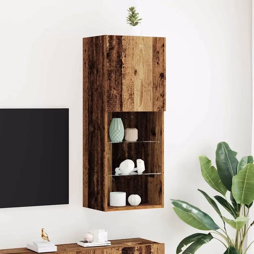 Mobile porta TV moderno in legno vecchio marrone con illuminazione LED integrata L 40,5 cm x P 30 cm x H 102 cm – 2