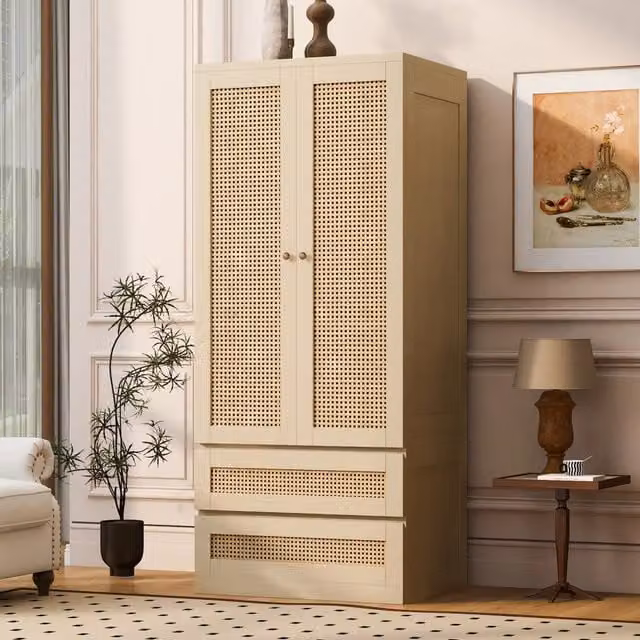 Armadio guardaroba moderno a due ante con cassetti integrati color marrone e beige, L: 70 cm, P: 55 cm, H: 170 cm