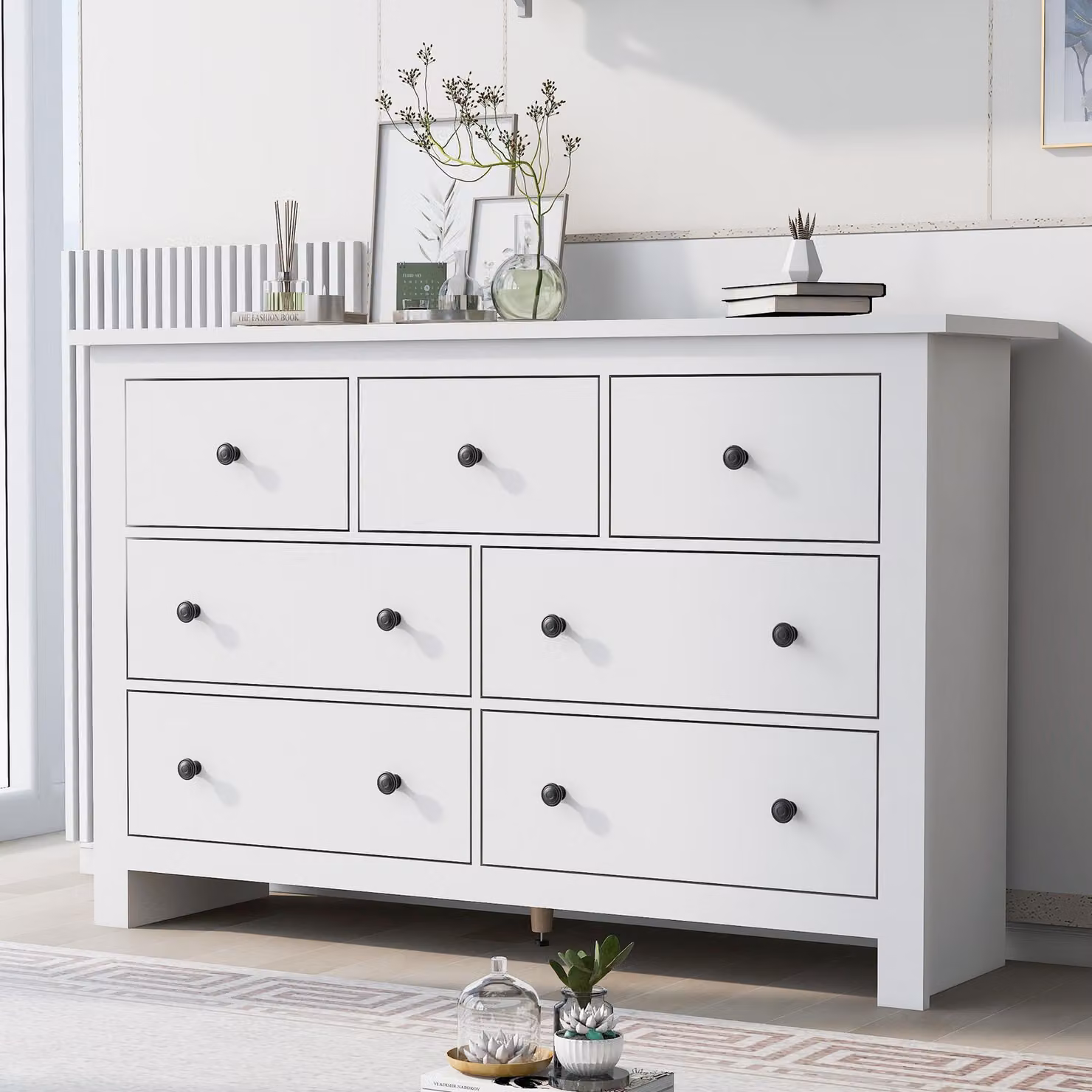 STILVORA Credenza moderna in stile rustico con diversi cassetti, mobile contenitore con piedino centrale regolabile e linee pulite, bianco