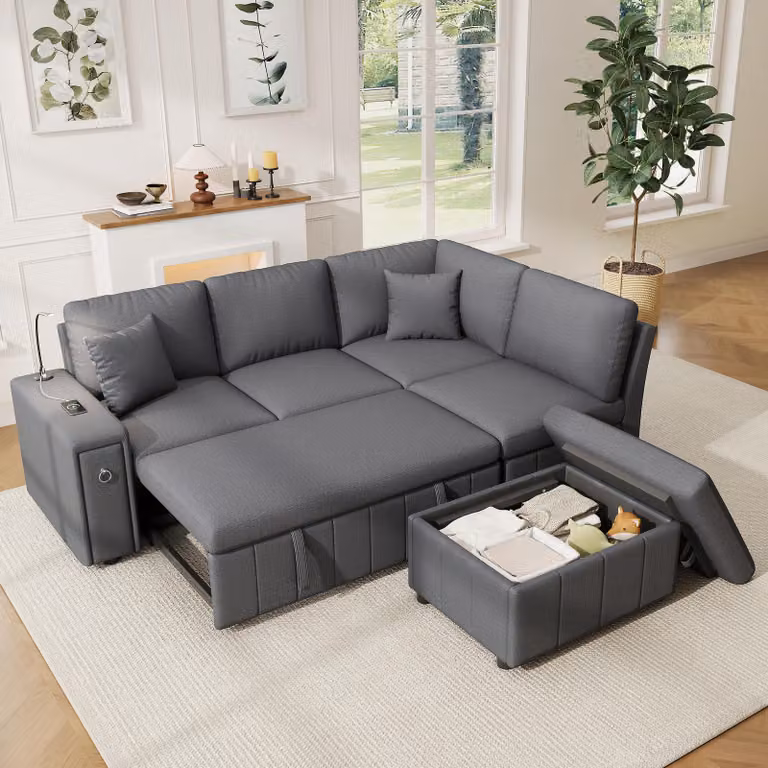 Divano modulare okwish, divano ad angolo con poggiapiedi contenitore e tavolino pieghevole. Divano letto, divano lounge con porta USB e Type-C. Divano da soggiorno con luce da lettura e 2 cuscini. Set divano, colore grigio
