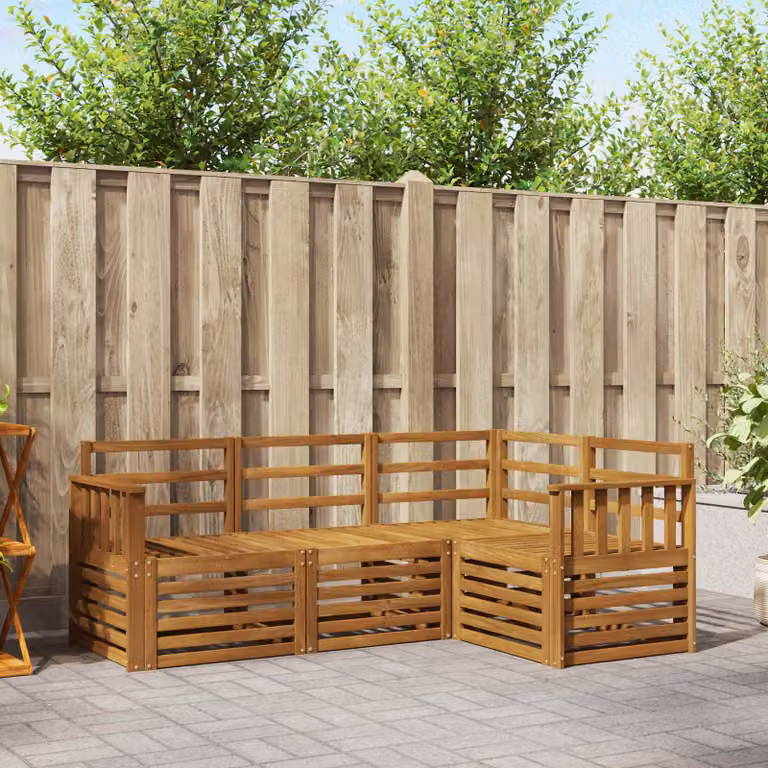Set di divani da esterno a L vidaXL in legno di acacia con cuscini bianchi e marroni