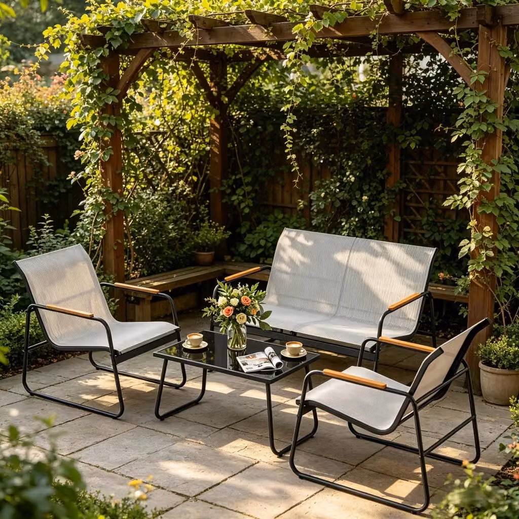 Set da giardino MIVRAY composto da divano 2 posti, 2 poltrone e tavolino con piano in vetro temperato, colore grigio, struttura in acciaio verniciato a polvere e cuscini in textilene inclusi – 2