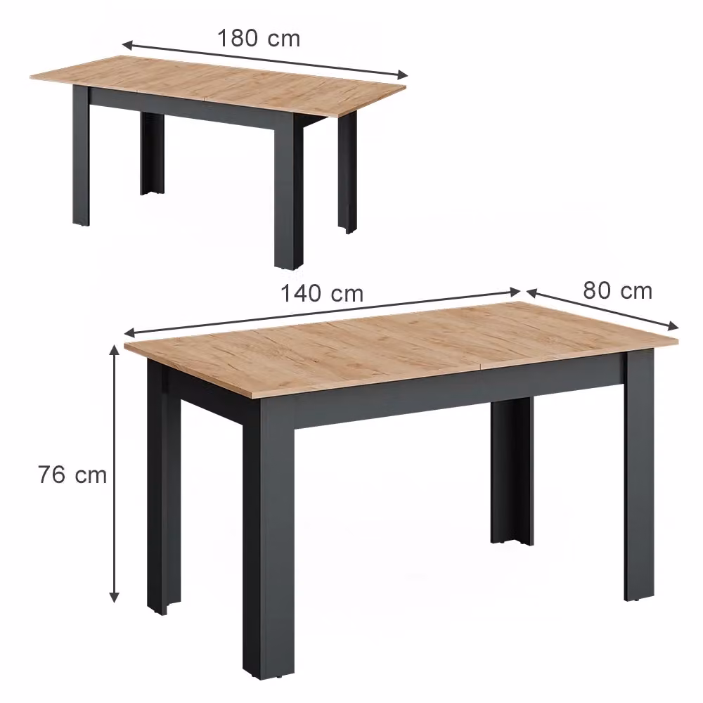 Tavolo da pranzo allungabile Repose Vicco, colore Antracite e Rovere, L: 140-180 cm x P: 80 cm x H: 76 cm – 2