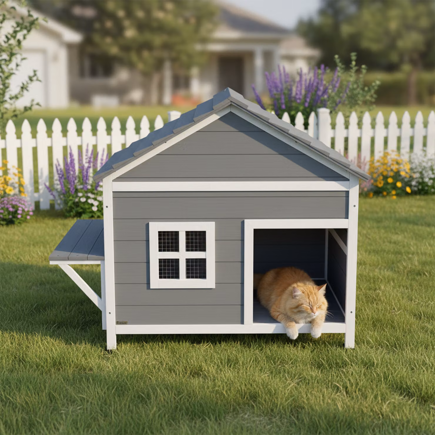 Casa per gatti in legno PawHut a 2 piani con tetto impermeabile apribile e piattaforma laterale, Grigio, L: 101 cm, P: 72,5 cm, H: 81 cm – 2