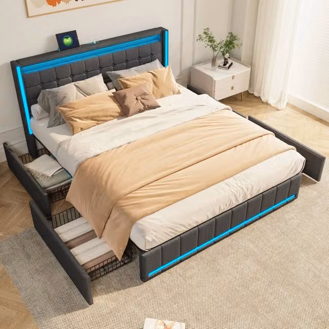 Letto Matrimoniale 140x200 cm con 4 Cassetti; Struttura Letto Imbottito con Luci LED e Porta USB; Testiera in Lino; Senza Materasso; Grigio