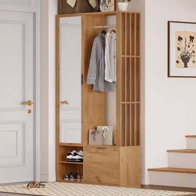 Mobile Ingresso con Specchio Guardaroba in Legno Naturale 100 cm