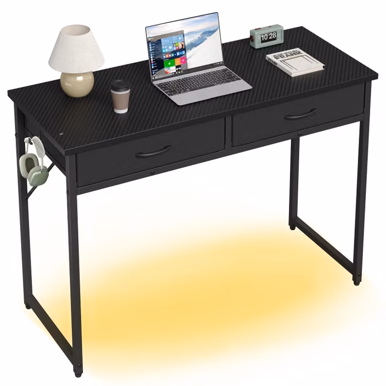 scrivania da gioco da 41 pollici con illuminazione a LED, scrivania per computer e toletta regolabile in altezza, salvaspazio con 2 cassetti in tessuto e ganci, Per stanze piccole