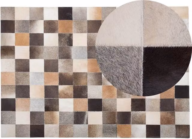 Tappeto Patchwork in Pelle Bovina Multicolore e Grigio BELIANI, Rettangolare, Fatto a Mano, L: 160 cm x P: 230 cm