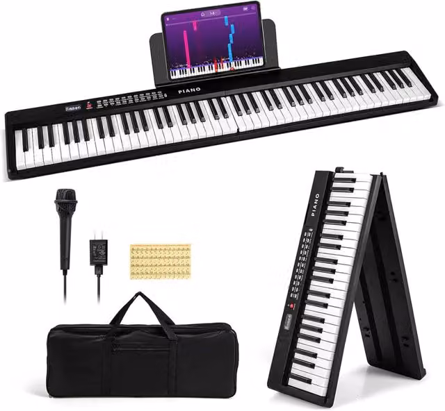 Pianoforte digitale pieghevole con 88 tasti, funzione MIDI e 150 canzoni demo, incluso borsetta, colore Nero
