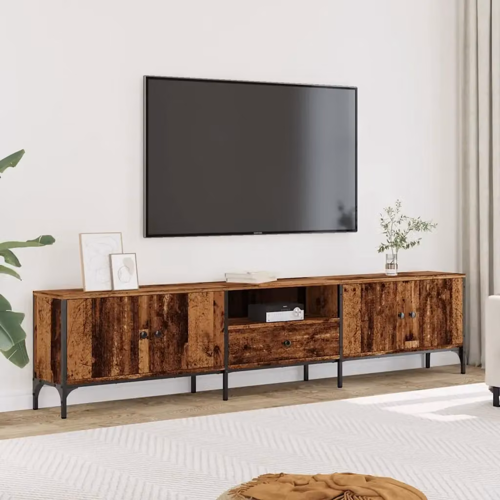 Mobile TV in stile industriale con cassetto in legno antico e metallo, colore marrone, L: 200 cm, P: 25 cm, H: 44 cm – 2