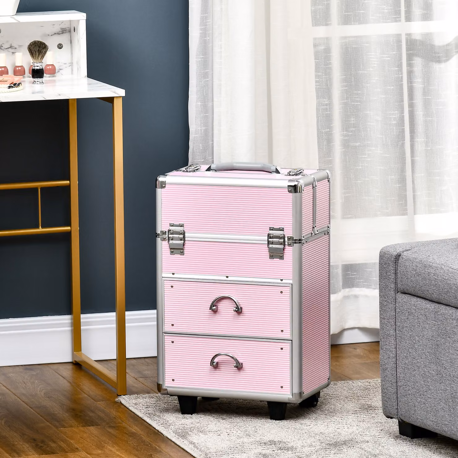 Valigetta Porta Trucchi Professionale HOMCOM con Ruote e Blocco di Sicurezza, Rosa, L/P/H: 36 x 23 x 58 cm – 2
