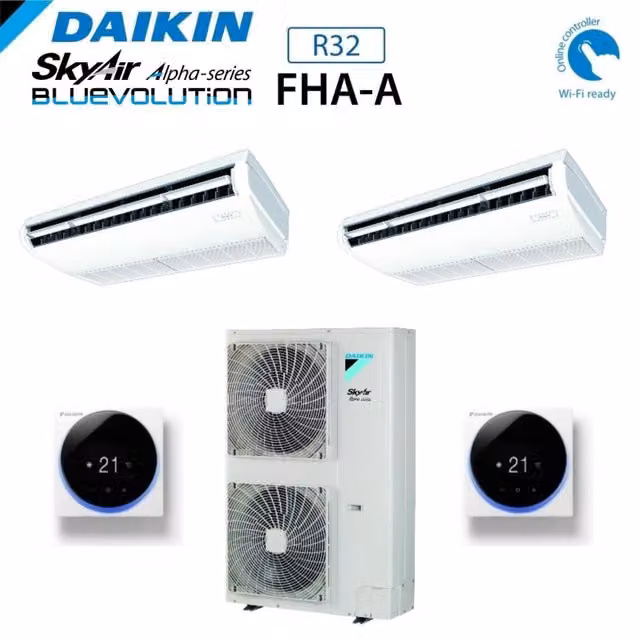 Condizionatore Daikin Dual Split Inverter Pensile a Soffitto FHA-A 24+24 con RZAG140MY1 R-32 Trifase Bianco Classe Energetica A++ con Comando a Filo e Wi-Fi Opzionale – 1