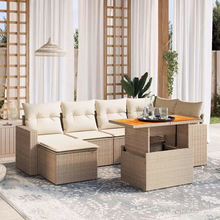 Set di divani da giardino vidaXL in polyrattan beige con cuscini e tavolino da esterno a forma di L