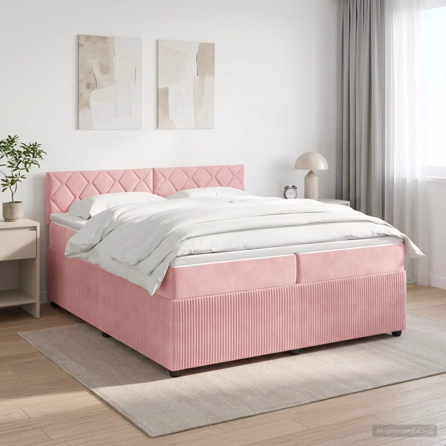 Letto box spring vidaXL con materasso ibrido in velluto rosa, dotato di illuminazione sottostante e porta USB, L/P/H: 200 x 200 x 76,7 cm