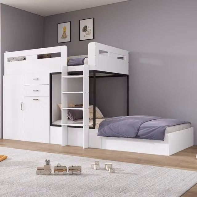 Letto a castello 90x200 cm con scrivania estraibile e guardaroba in MDF e pannelli multistrato bianco e nero
