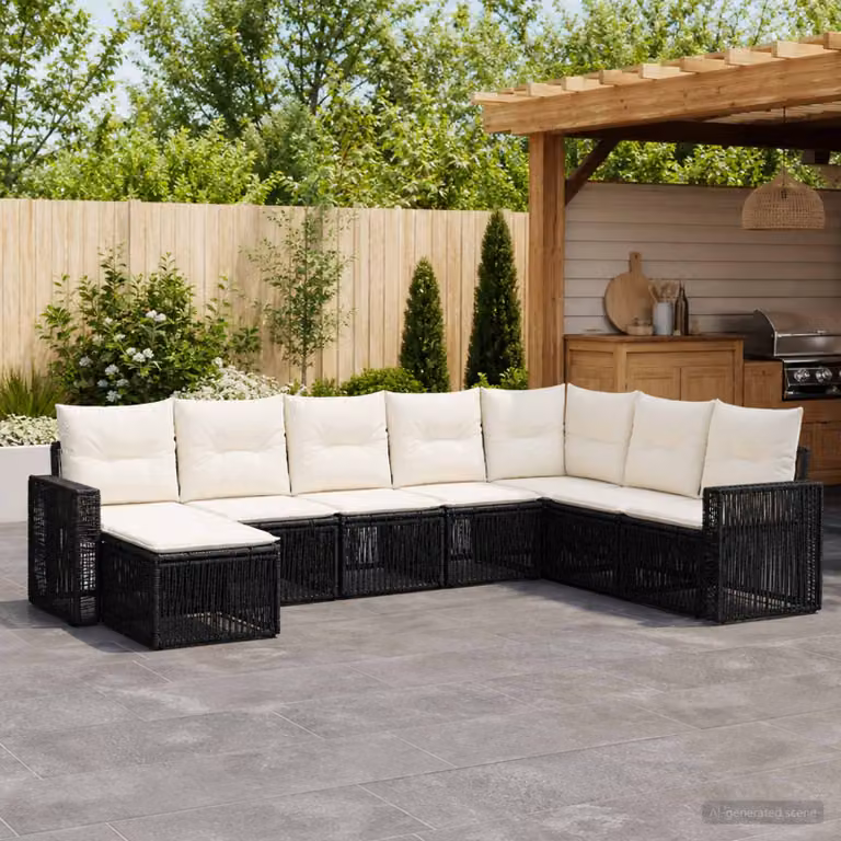 Set Divano da Giardino vidaXL 8 pz a Forma a U in Polyrattan Nero e Bianco Crema con Cuscini Imbottiti e Struttura in Acciaio Verniciato a Polvere