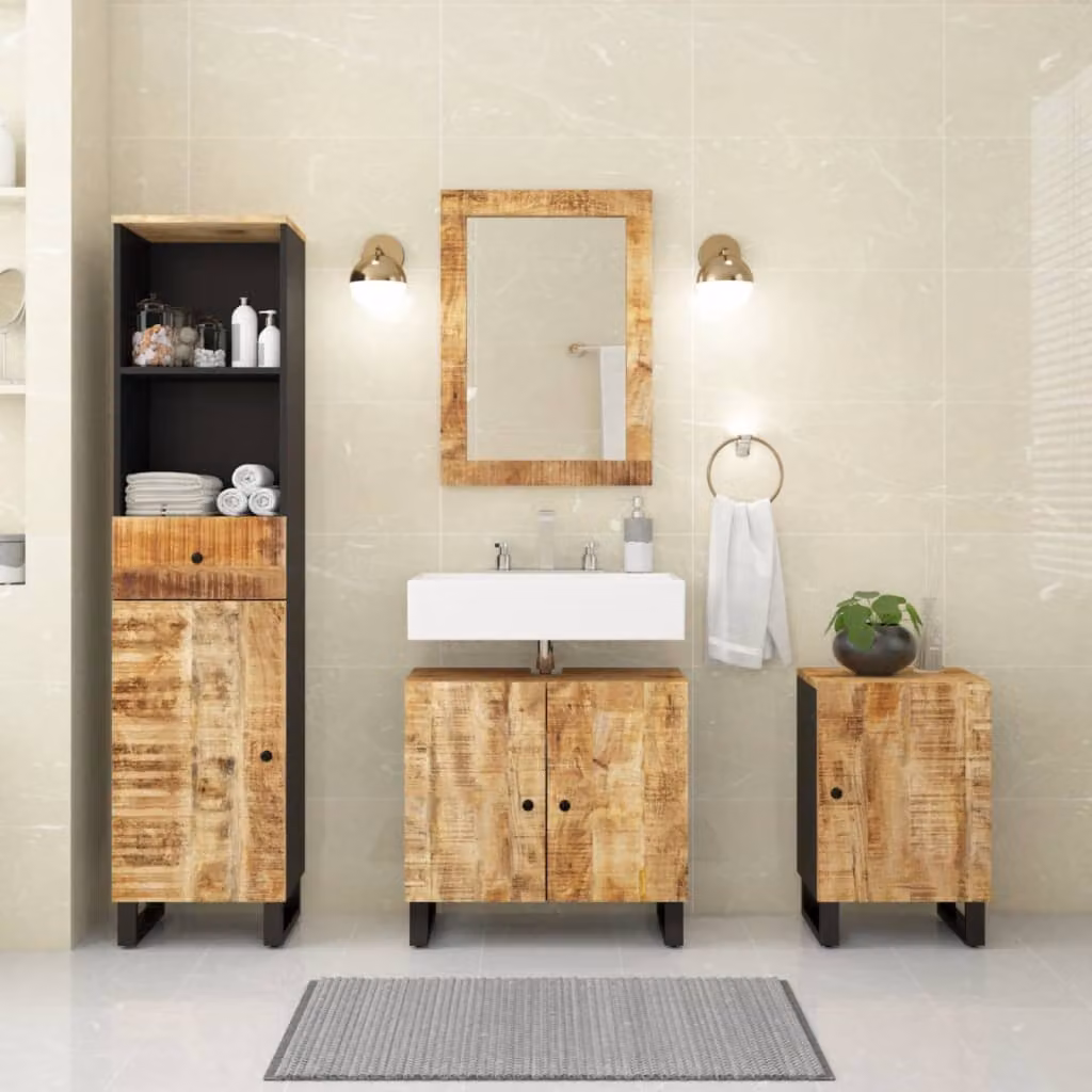 Set di mobili da bagno vidaXL in legno di mango marrone composto da 4 pezzi con mobile lavabo, armadio alto, mobile laterale e specchiera