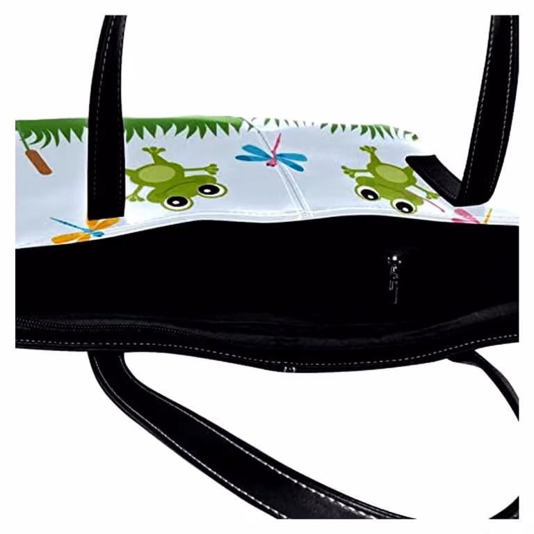 Borsa a tracolla leggera, verde, con motivo di rane e libellule
