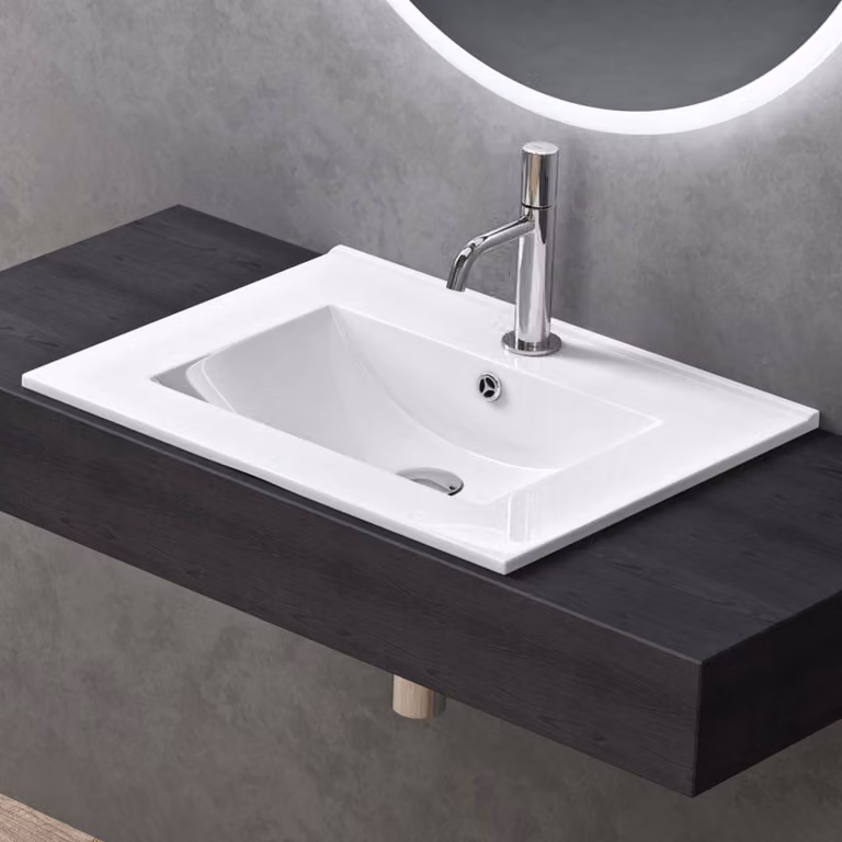 doporro Lavabo da Incasso Rettangolare 60 cm in Vetroceramica Bianco Lucido, Lavandino Integrato con Foro Rubinetto, Installazione su Mensola o Mobile Bagno Brš¹ssel912