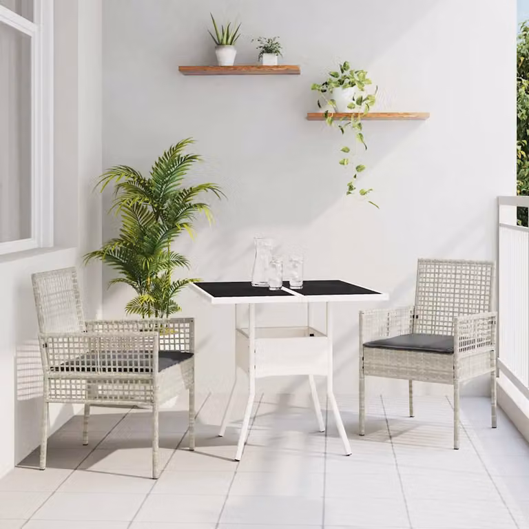 Set da pranzo per giardino e terrazzo vidaXL in polyrattan e vetro, 3 pezzi, grigio