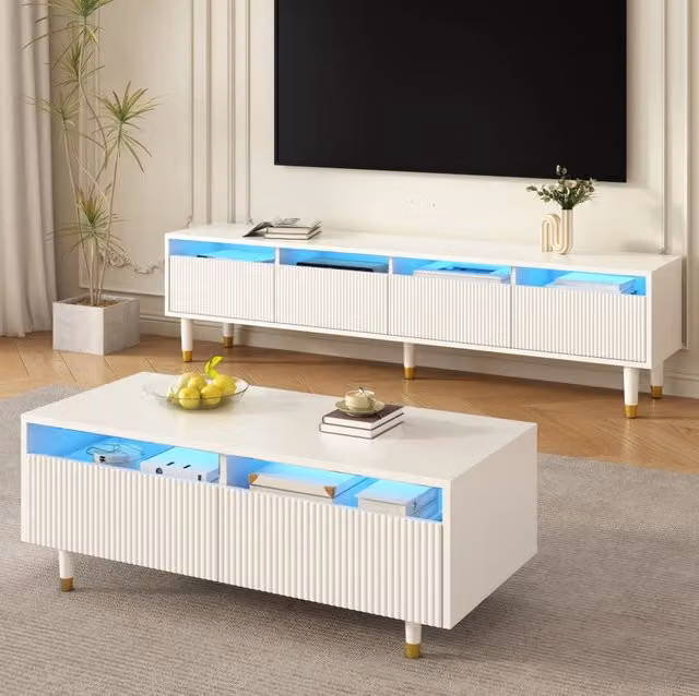 Set soggiorno con mobile TV 4 ante e tavolino 2 cassetti; LED 7 colori; MDF bianco