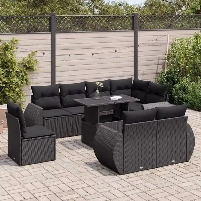 Set da giardino moderno vidaXL composto da 9 pezzi con cuscini neri in rattan e struttura in metallo a forma di U – 1