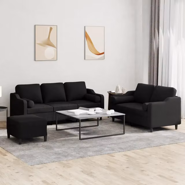Set di Divani Moderno vidaXL in Tessuto Nero con Pouf e Cuscini, Composto da Divano a 3 Posti, Divano a 2 Posti e Pouf